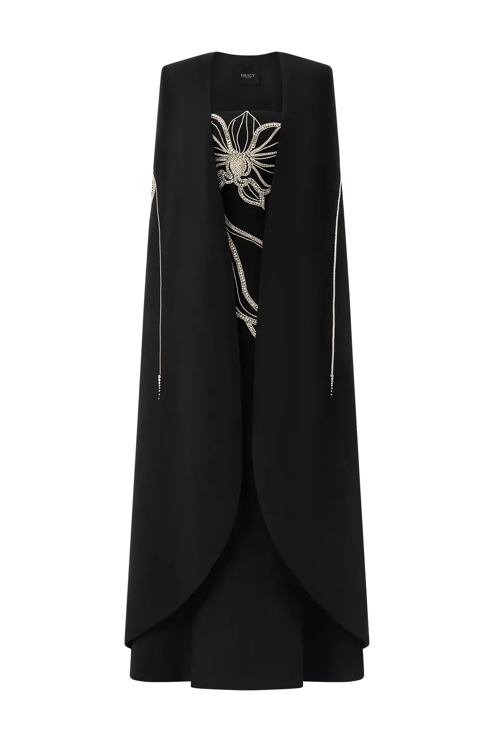 Crystal Embellished Long Back Cape  With Strapless Crystal Embellished Dress Set
